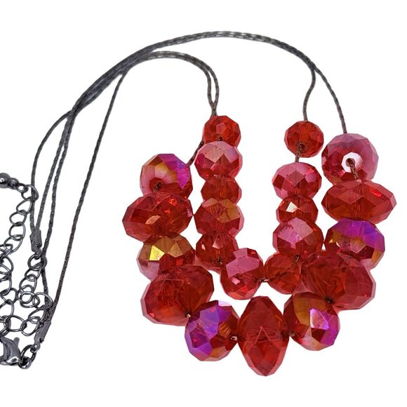 Red Crystal Layered Necklace 20" 2-Tier Beaded Silver Chain Formal - Picture 7 of 16